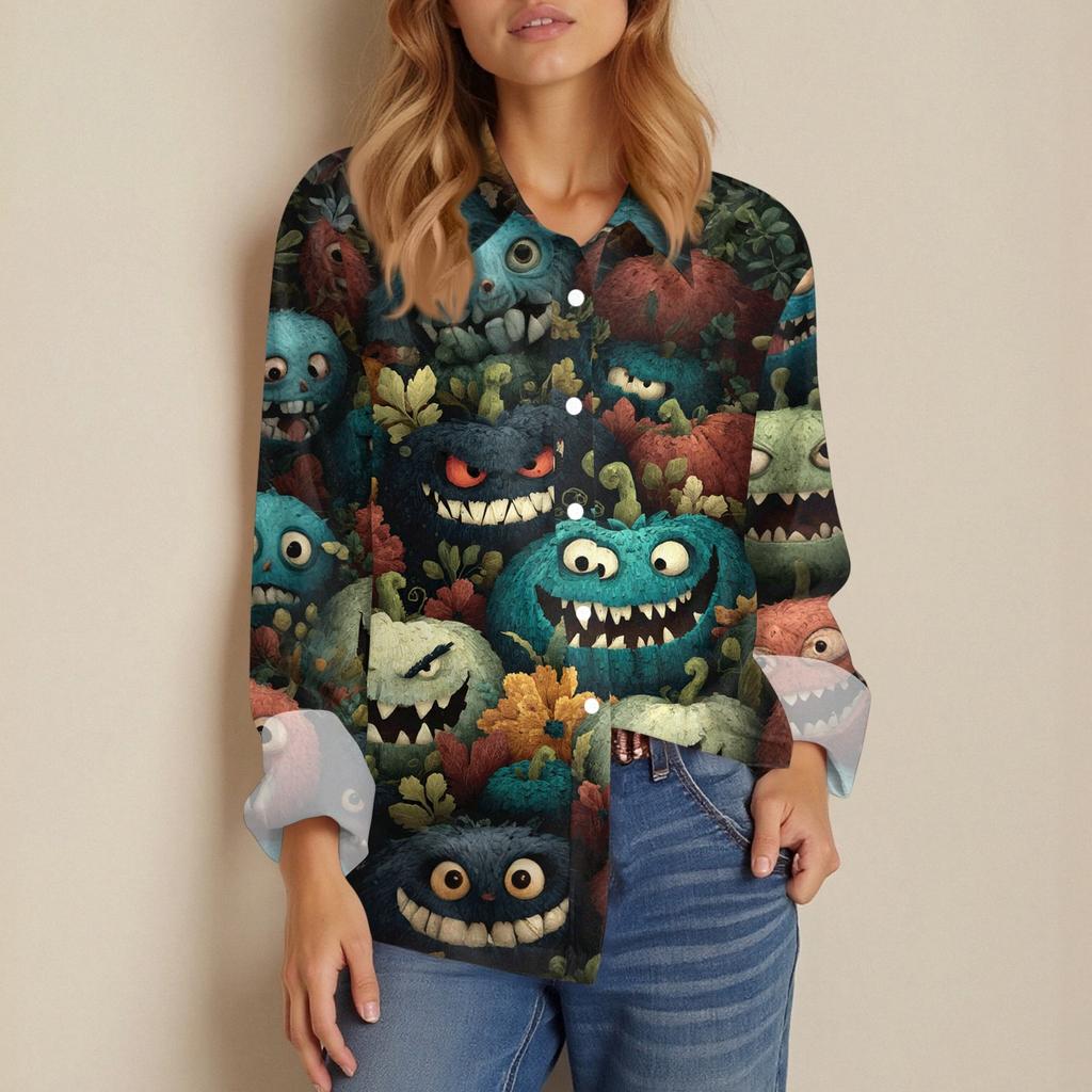 Damen Hemd Bluse Halloween Print Knopf Langarm Lässig Basic Hemdkragen Regulär Top