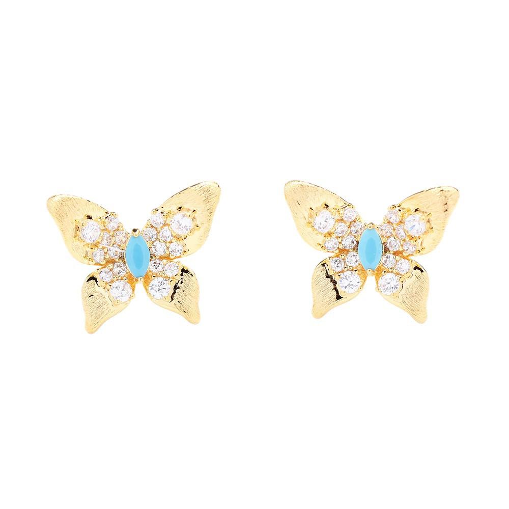 New exquisite diamond-encrusted blue butterfly earrings gold and silver brushed craft stud earrings 925 silver needle women's earrings