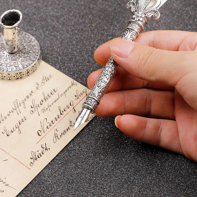 Goose Feather Pen Set with Carved Base and Stainless Steel Nibs - Unique Gift