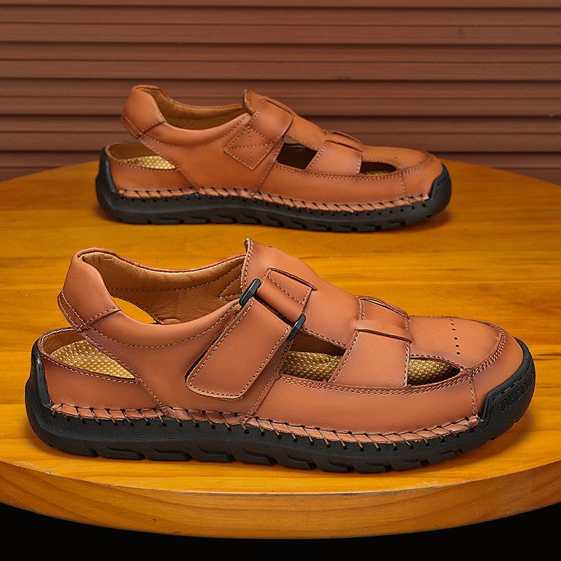 

Soft-soled stitching men s head layer beach shoes sandals popular 2025 casual leather handmade men s large-size sandals 38