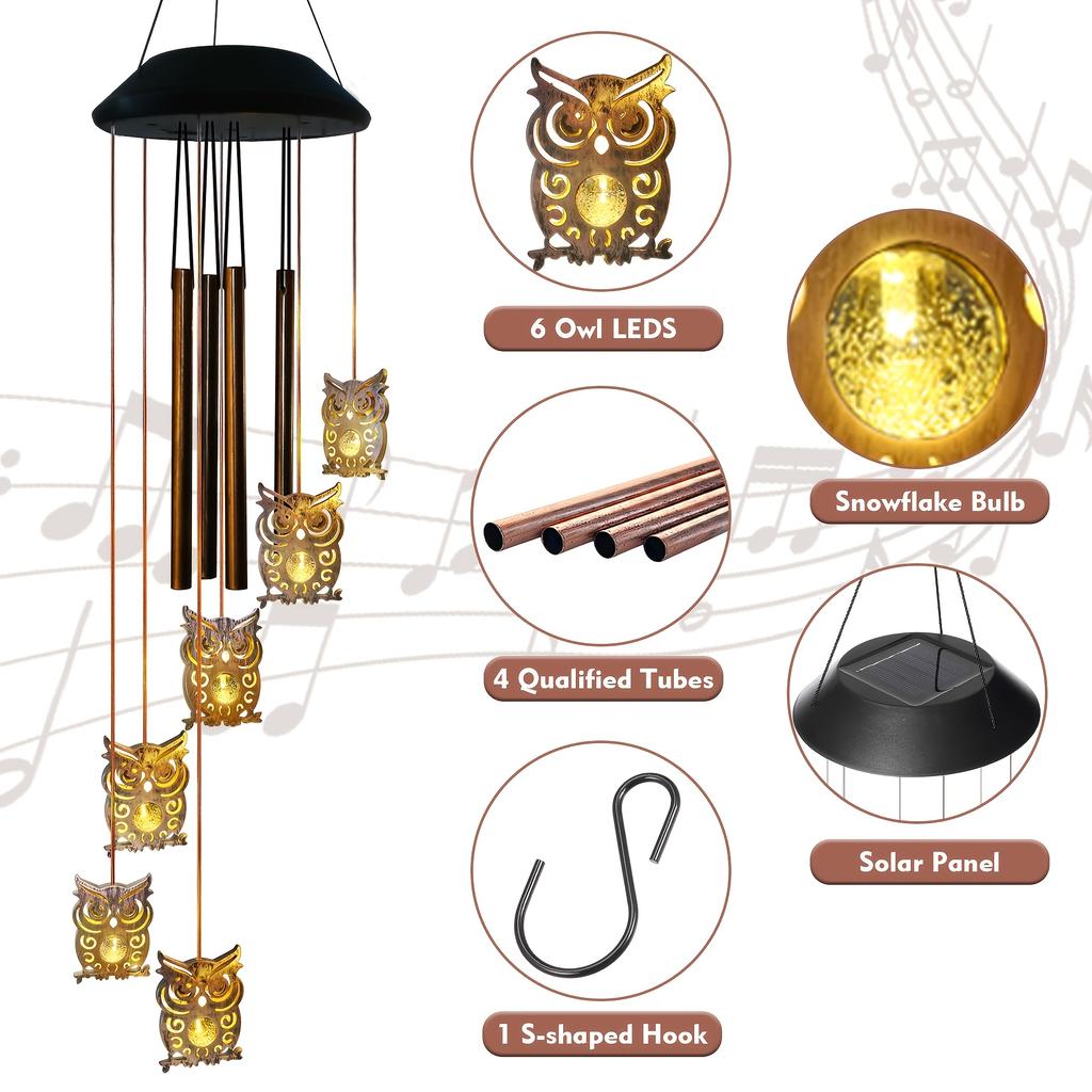 The Outdoor Solar Wind Chime Features a Solar-powered Owl Design and Is Equipped with Warm Light LED Lamp It Is Very Suitable for Decorating Garden