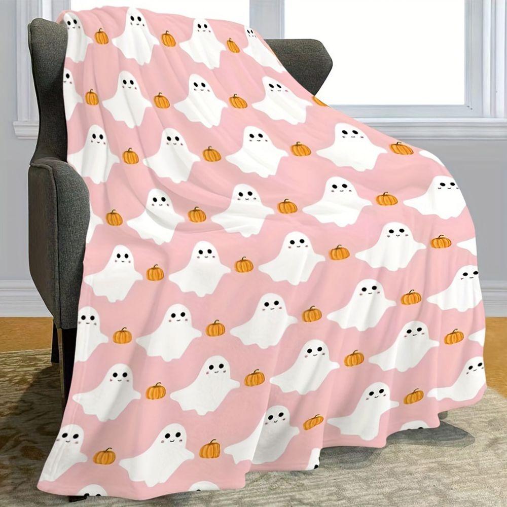 Cute Ghost and Pumpkin Pattern Flannel Throw Blanket Soft Lightweight Bed Sofa Cover, Aesthetic Pink Spooky Halloween Throw for Home Decor