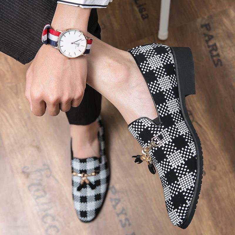 Męskie Casualowe Skórzane Buty w Kratkę z Frędzlami - Koreański Styl, Oddychające, Szpiczasty Wzór na Wiosnę i Jesień 2022