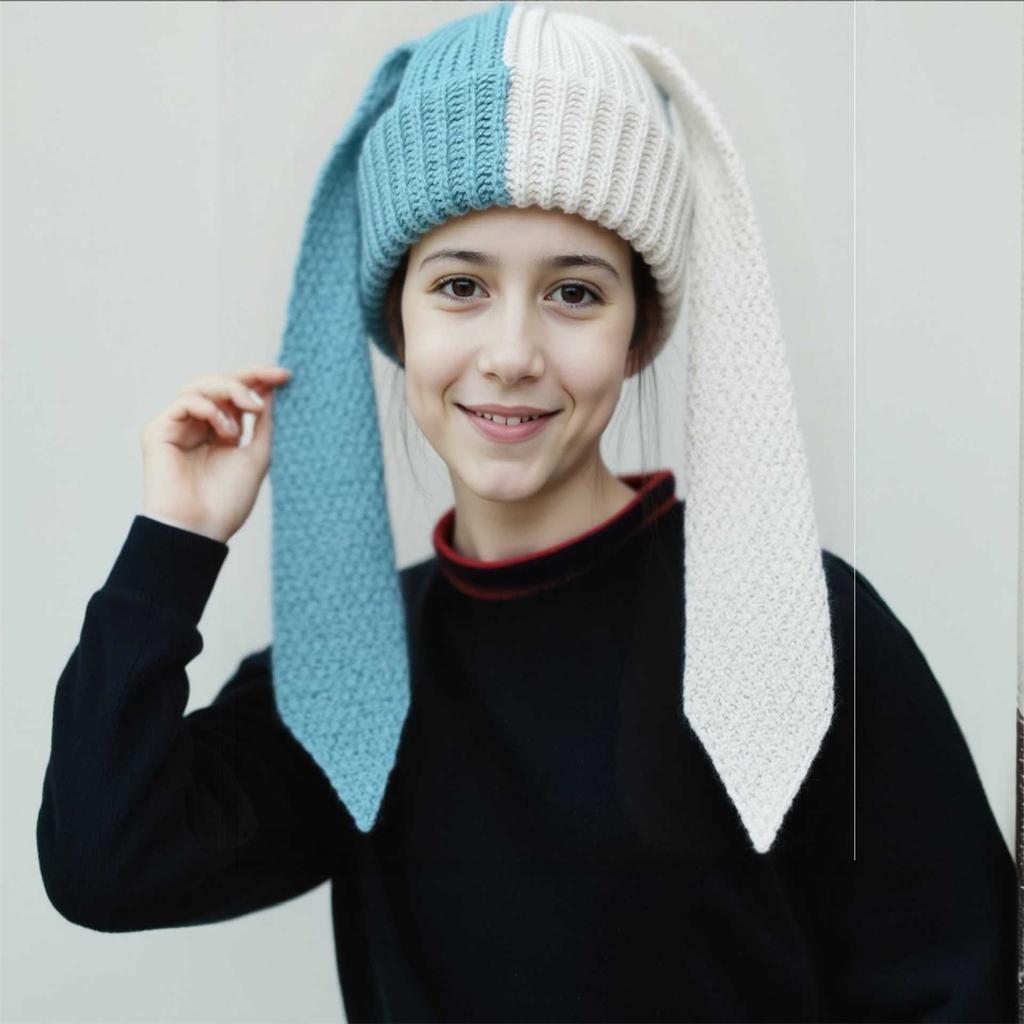 Sweet and Cute Rabbit Color Matching Long Ear Knitted Hat for Women Autumn and Winter Students Warm Ear Protection Wool Hat