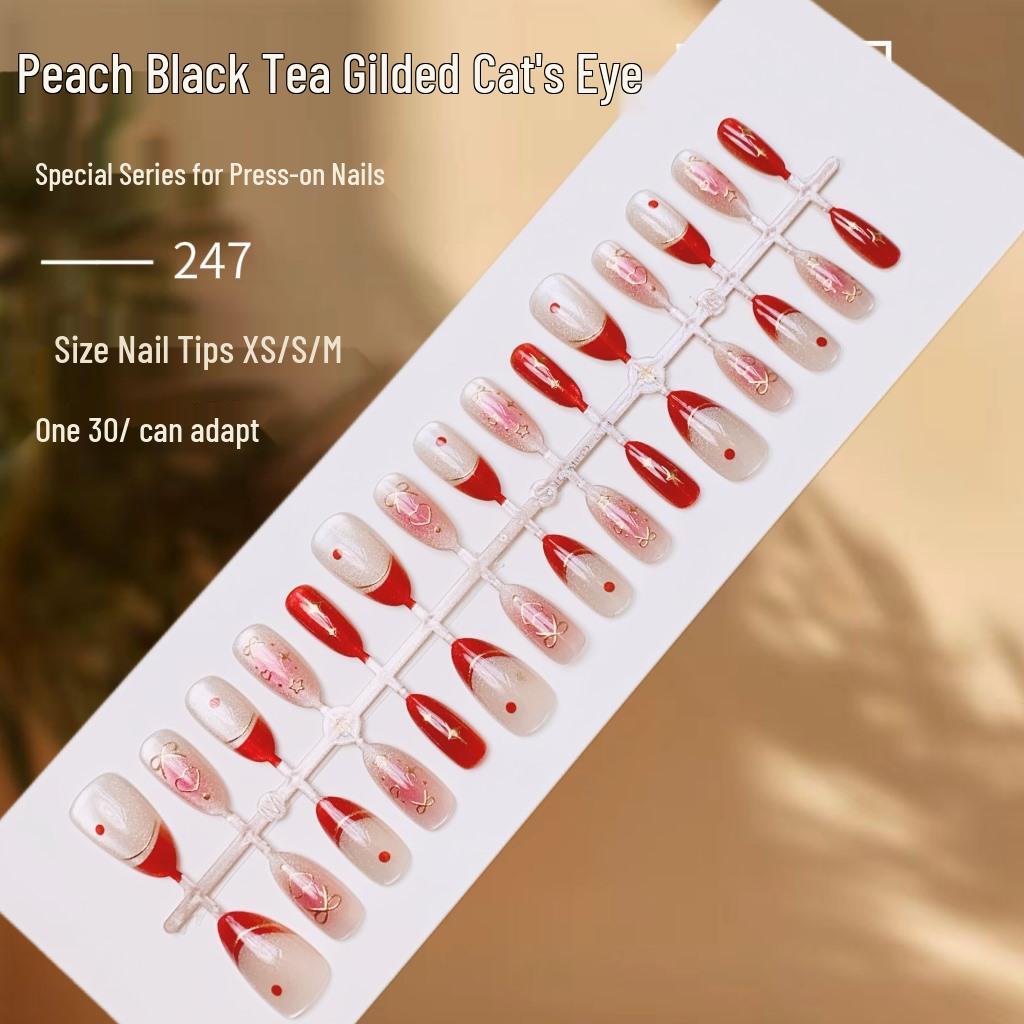 

Персиковые черные чайные накладные ногти «кошачий глаз»: Сладкий девичий дизайн