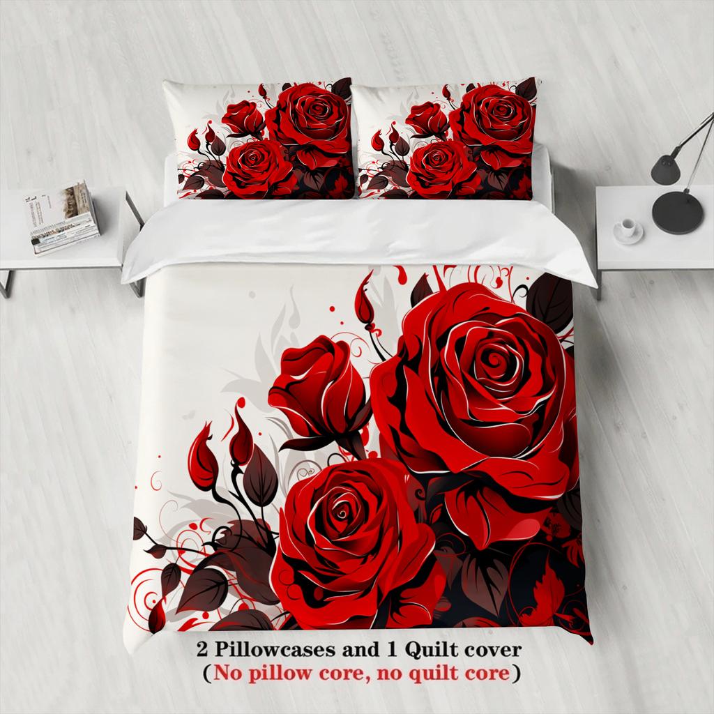 3pcs Rose Couples Bedding Sets 3D Printed Romantic King Full Size For Couples Gifts Duvet Cover With 2 Pillowcases Bedroom Decor