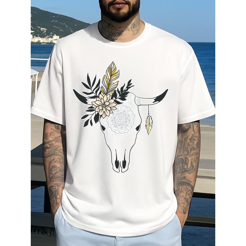 European Size Boho Bull Skull cow t shirt print Men s Cotton white Casual sportswear High-quality fabrics for a casual, sporty look S белый