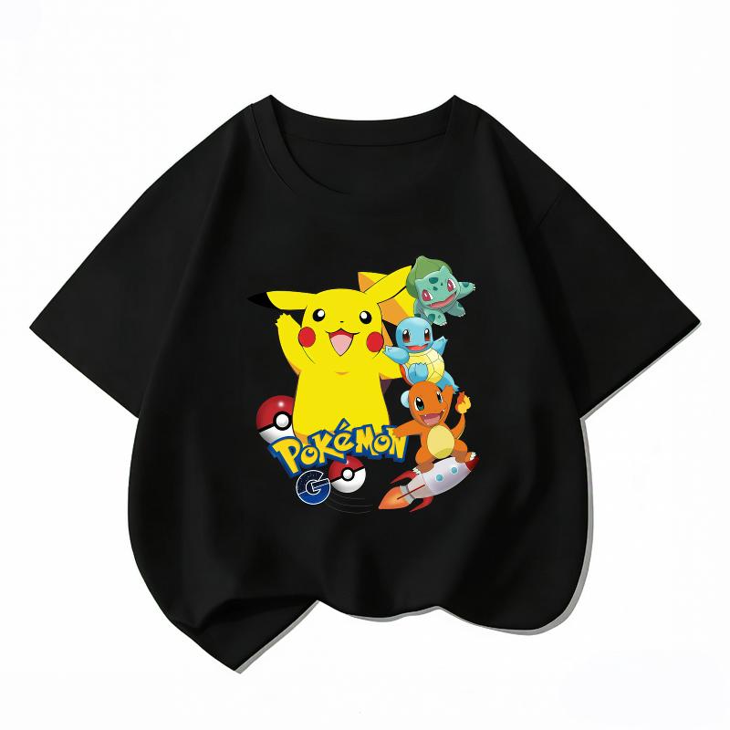 Potdemiel Kids Cotton Tshirt Cute Pikachu Cartoon Print Summer Short Sleeve Boys Girls Casual Crew Neck Tops