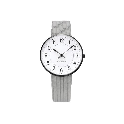 ARNE JACOBSEN x mina perhonen 34mm Scandinavian design watch with land puzzle strap, STATION 53411-1683B, white and light gray
