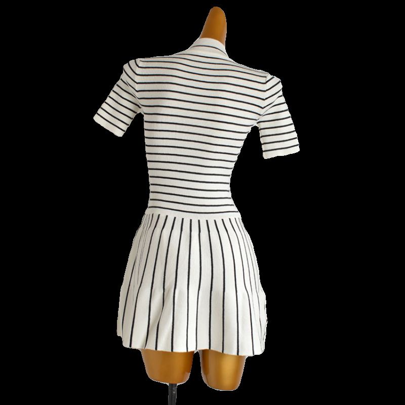 Fashion Style New Arrival Contrast Color Striped Mock-Neck Short Sleeve Knitting Dress Women's Waist-Tight Slim Looking Sheath A- line Skirt