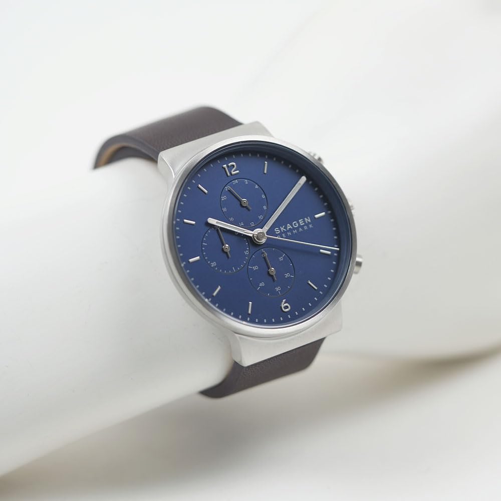 Skagen Watch ANCHER SKW6765 Chronograph Blue Dial Brown Leather Luminous 40mm Men's