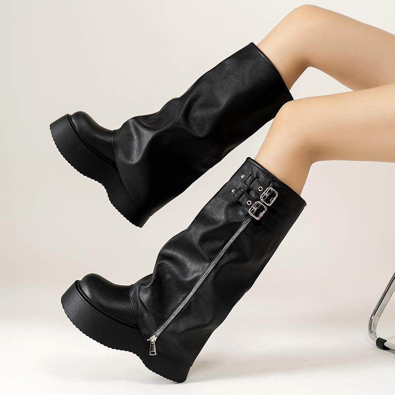 Black Retro British Thick Heel Platform Boots Women's 2025 New Autumn Thin and Heightened Trousers Knight Boots
