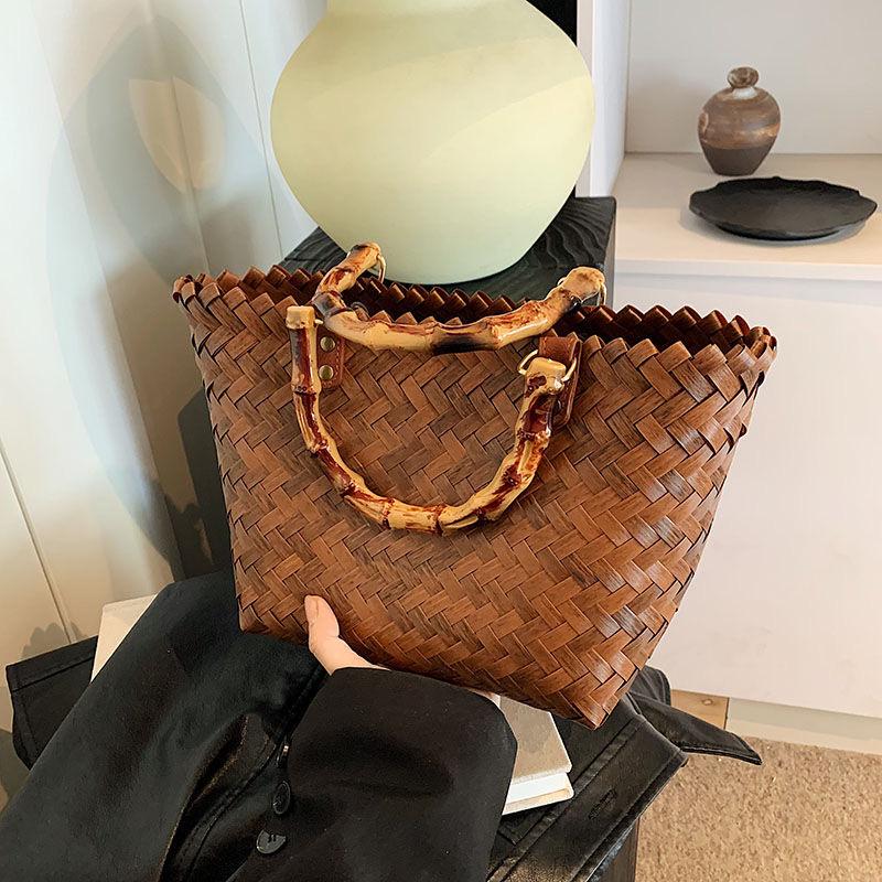 Elegant Handmade Bamboo Woven Tote – Stylish Rattan-Style Beach & Makeup Bag