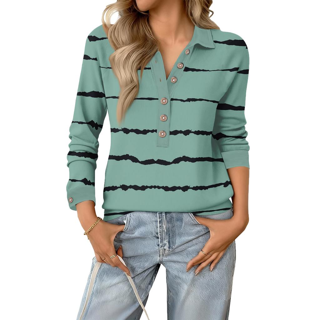 Women's Retro Street Lazy V,neck Long Sleeve Button Striped Pullover Top
