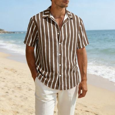 Cămașă de vară cu dungi pentru bărbați, cu mânecă scurtă, guler răsucit, cu nasturi, casual, croială largă, cămașă de vacanță pentru petrecere pe plajă, vacanță, întâlnire
