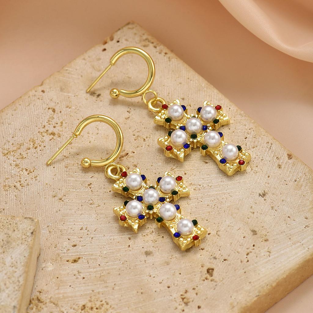 Geometric Cross Pattern Alloy Pearl Earrings For Women Summer Jewelry Gift