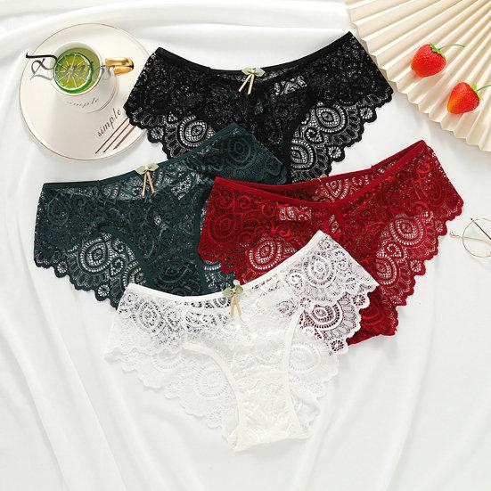 Underpants Women Briefs Hollow Out See-through Lace Thin Bow-knot Sexy Panties Mid Waist High-elasticity Lady for Daily Wear