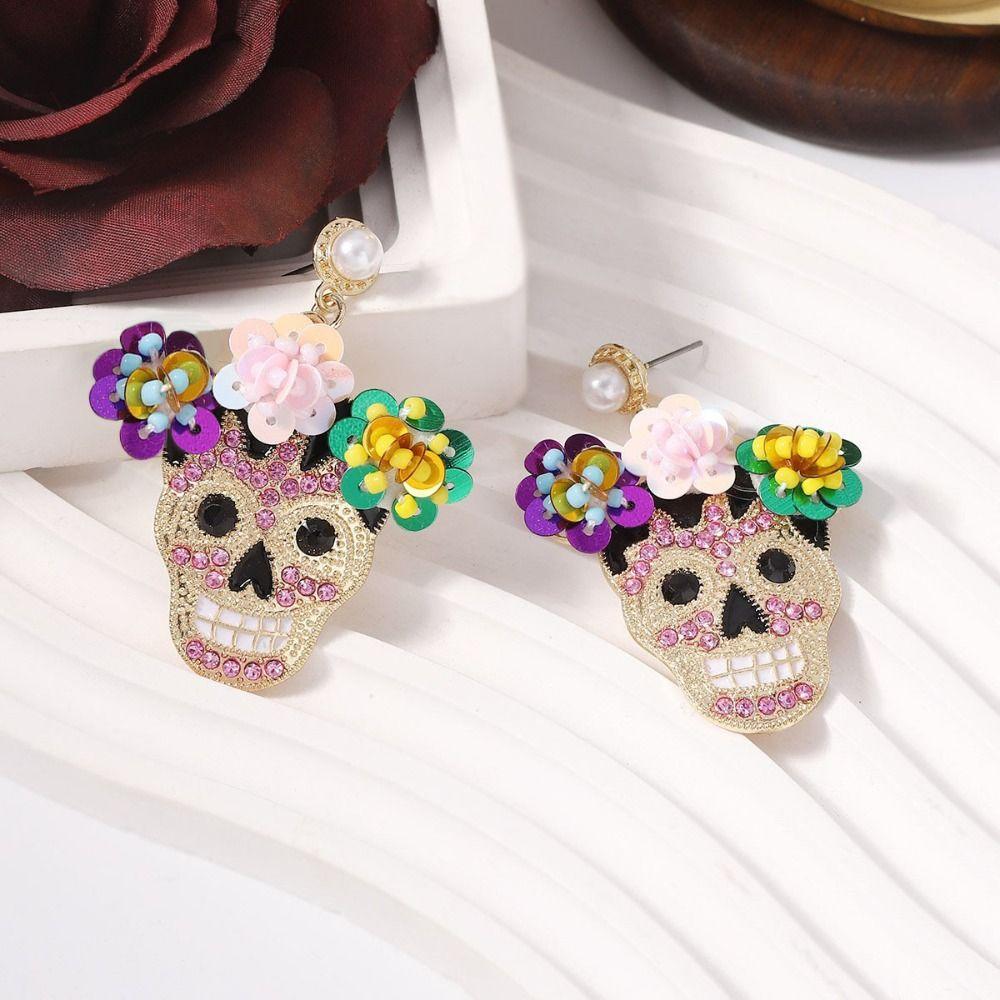 Personality Zircon Encrusted Skull Earrings Rhinestone Glitter Skeleton Stud Earrings  Halloween