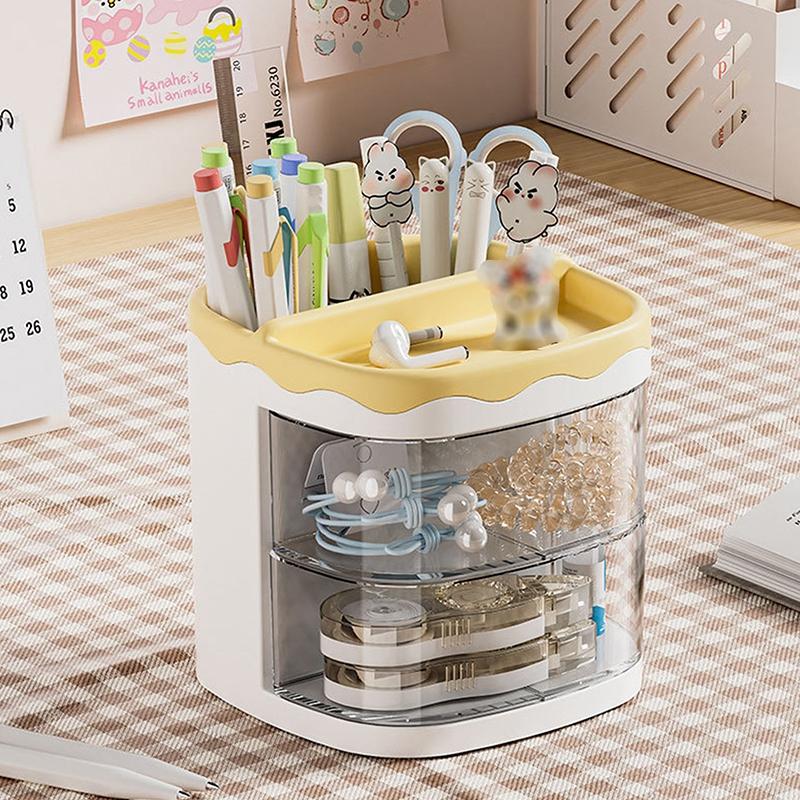 Practical Multi-Functional Desk Organizer Pen Holder Double Layers Rotating Pencils Storage Rack Student Cosmetics Storage Shelf