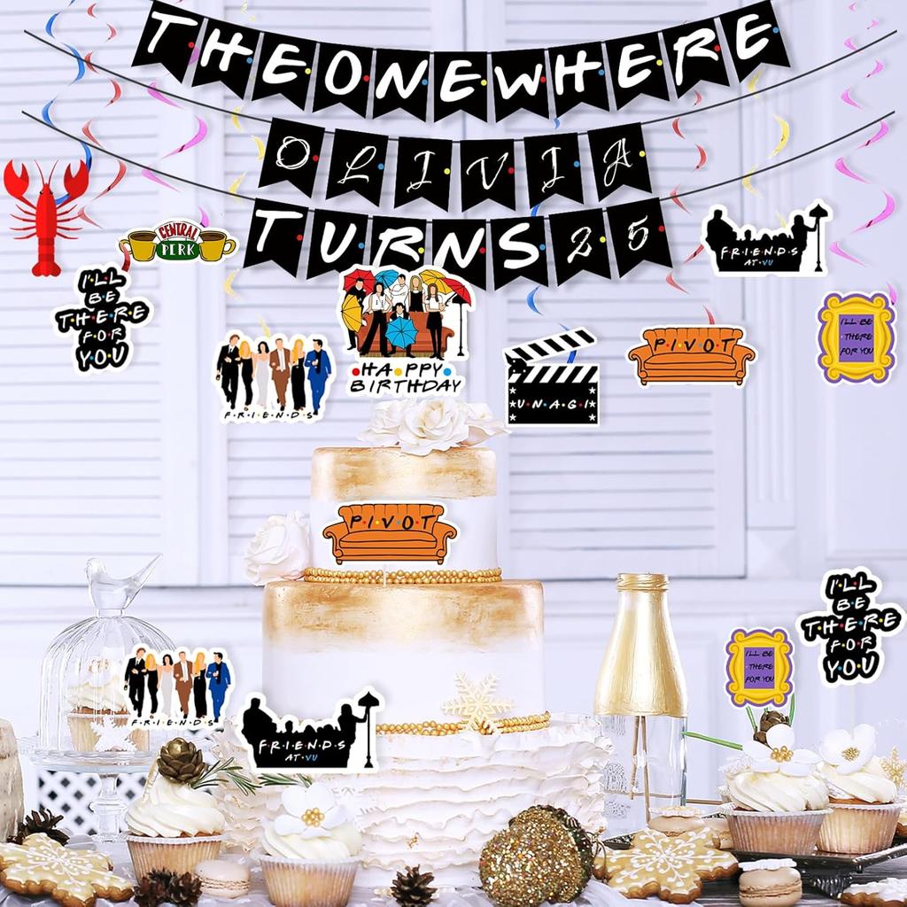 Friends Birthday Decorations, Friend TV Show Birthday Party Decorations, The One Where Turns Banner Hanging Swirl Balloon Cake Cupcake Topper for TV