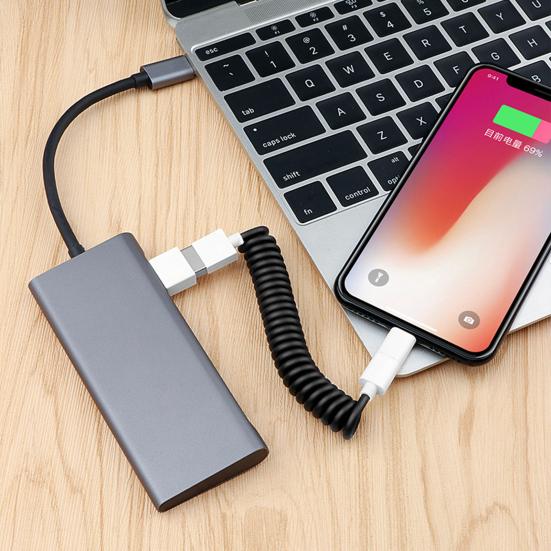 Charging Cable 3 Adapters with Storage Box Stretchy Safe Charging 3 in 1 Phone USB Spring Data Cable for Android for 8Pin for Type-C