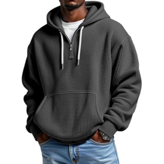 Men Sweatshirt Waffle Fabric Hoodie Solid Color 1/4 Zipper Pullover with Front Pocket Autumn Winter Casual Loose Fit Sport Tops XXXXL