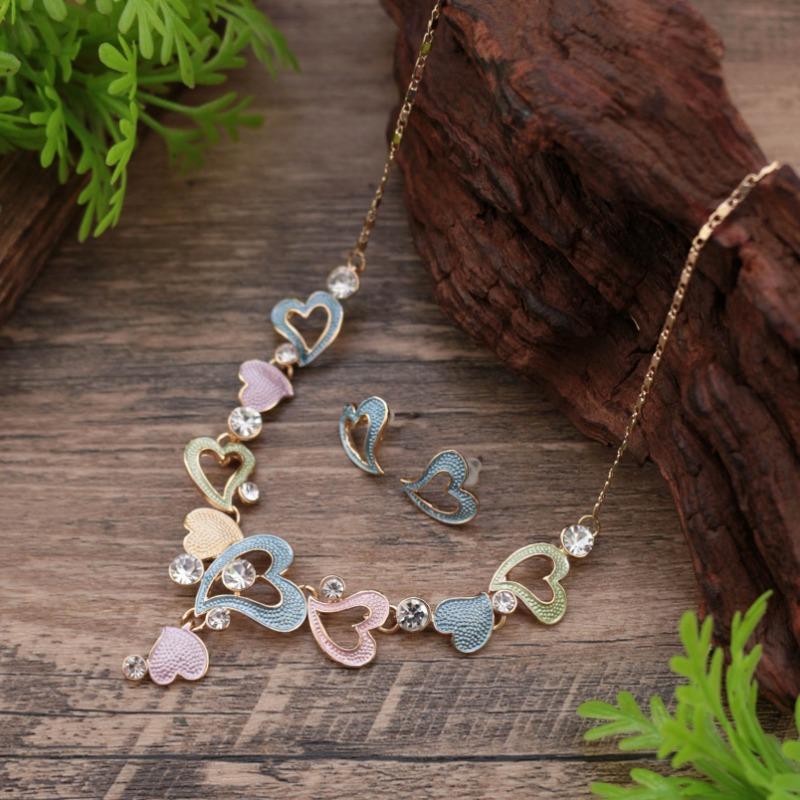 New enamel color hollow love stud earrings necklace set women's fashion high sense heart necklace