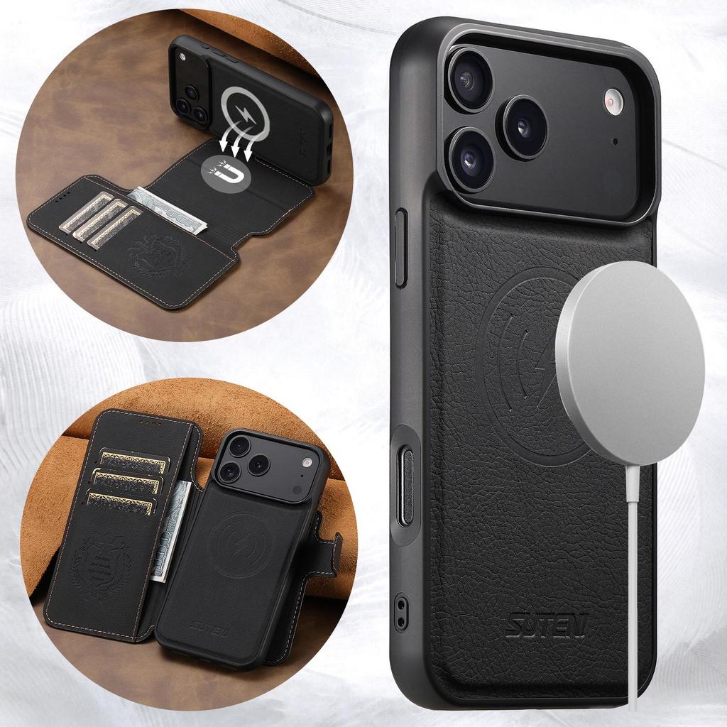 iPhone17ProMax Magnetic Leather Flip Case with Card Slot and Wireless Charging Stand