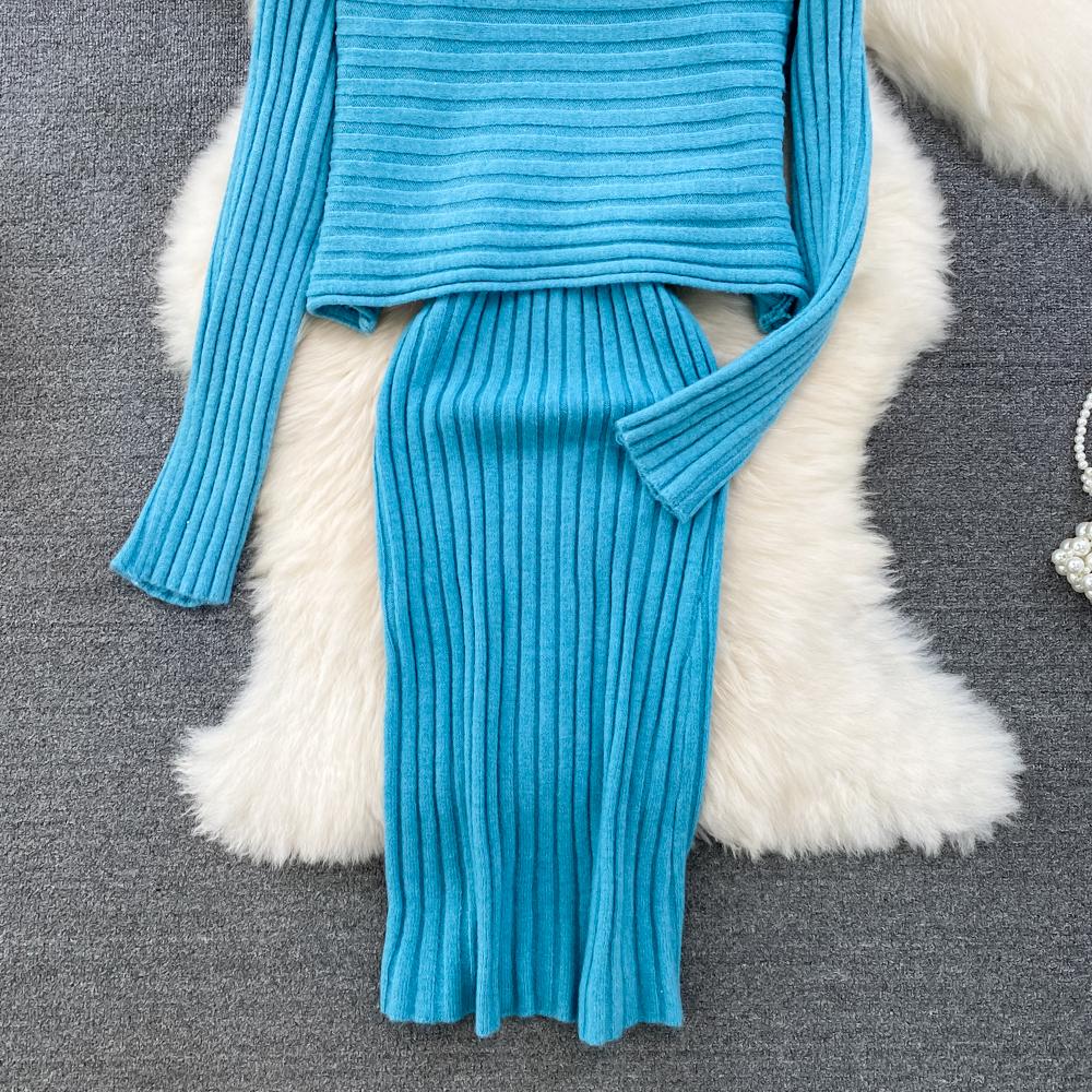 Lazy Style Dlouhý rukáv Kulatý výstřih Volný úpletový top + Dvoudílná souprava vesty s výstřihem do V