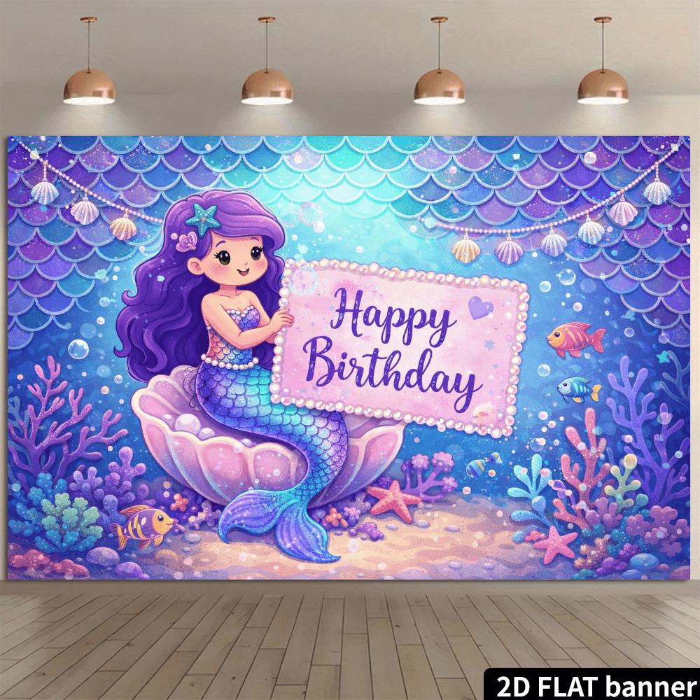 2D Ocean Fairy Tale Birthday Party Banner Background Mermaid Sitting On a Shell Holding a Signboard As the Theme