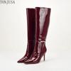 Women Fashion High Heel Boots Burgundy Patent Leather Pointed Toe with Belt Buckle and Side Zipper