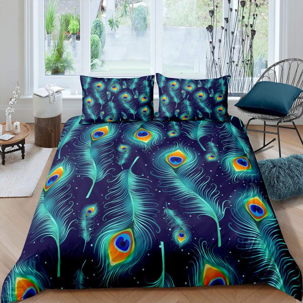 Peacock Feather Print Duvet Cover Bird Feathers Element Bedding Set Ultra Psychedelic Swirl Comforter Cover Colorful Bedclothes