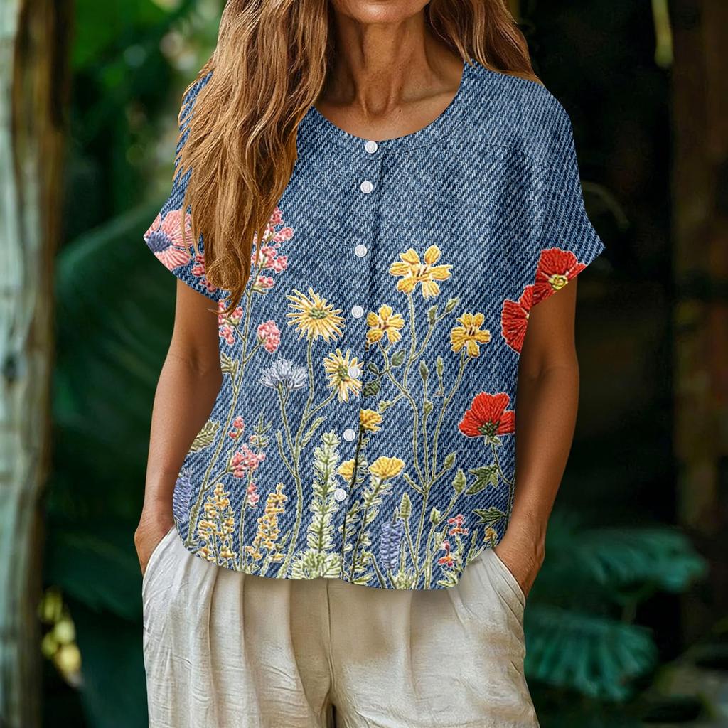 Women's Neck Floral Print Blouse with Single Button Placket