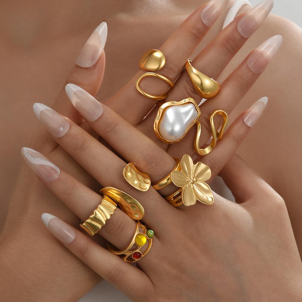 IF ME Floral Gemstone Ring Set For Women Vintage Irregular Lava Texture Opal Inlaid Rings Trendy Statement Jewelry