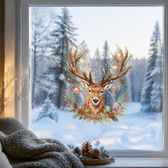 Seasonal Window Decals Christmas Watercolor Reindeer Cling, Removable Reusable Elk Head Static Easy Install Sticker Decal, Animal Decorative Glass for