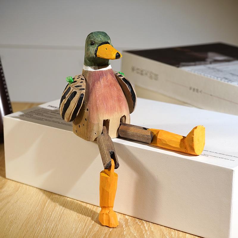 Envy Porcelain Long-Legged Duck: Handmade Wooden Carving, Small Ornament, Humorous Office Desktop Decoration.