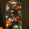 Preserved Black Roses in Glass Dome Halloween Light-up Eternal Flower in Cloche with Skull Pumpkin Statue for Home Kitchen Mantel Tabletop Decor