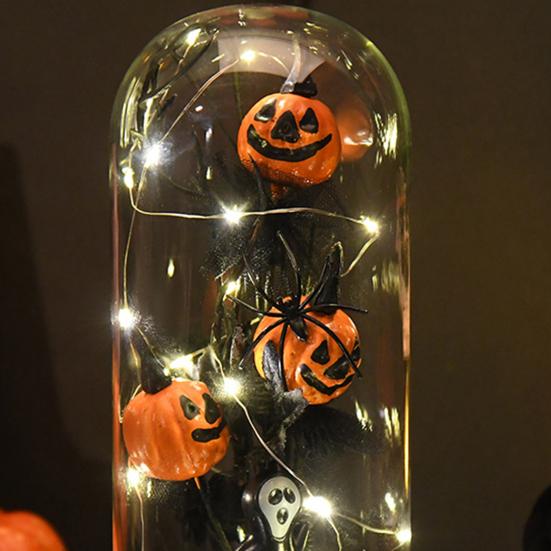 Preserved Black Roses in Glass Dome Halloween Light-up Eternal Flower in Cloche with Skull Pumpkin Statue for Home Kitchen Mantel Tabletop Decor