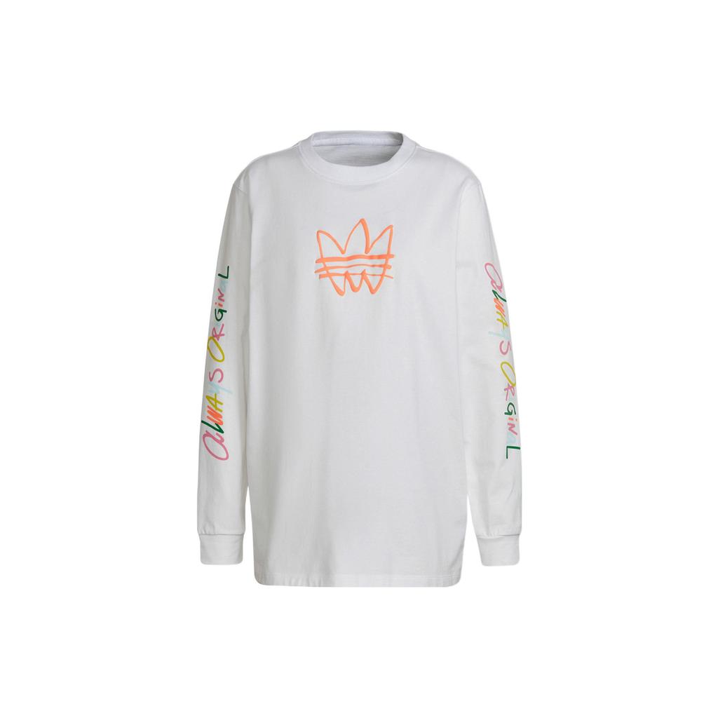 Adidas Originals Always Original Graphic Sleeve Logo Print Round Neck Pullover Sports Loose Long Sleeve T-Shirt Women Tops White HN6339