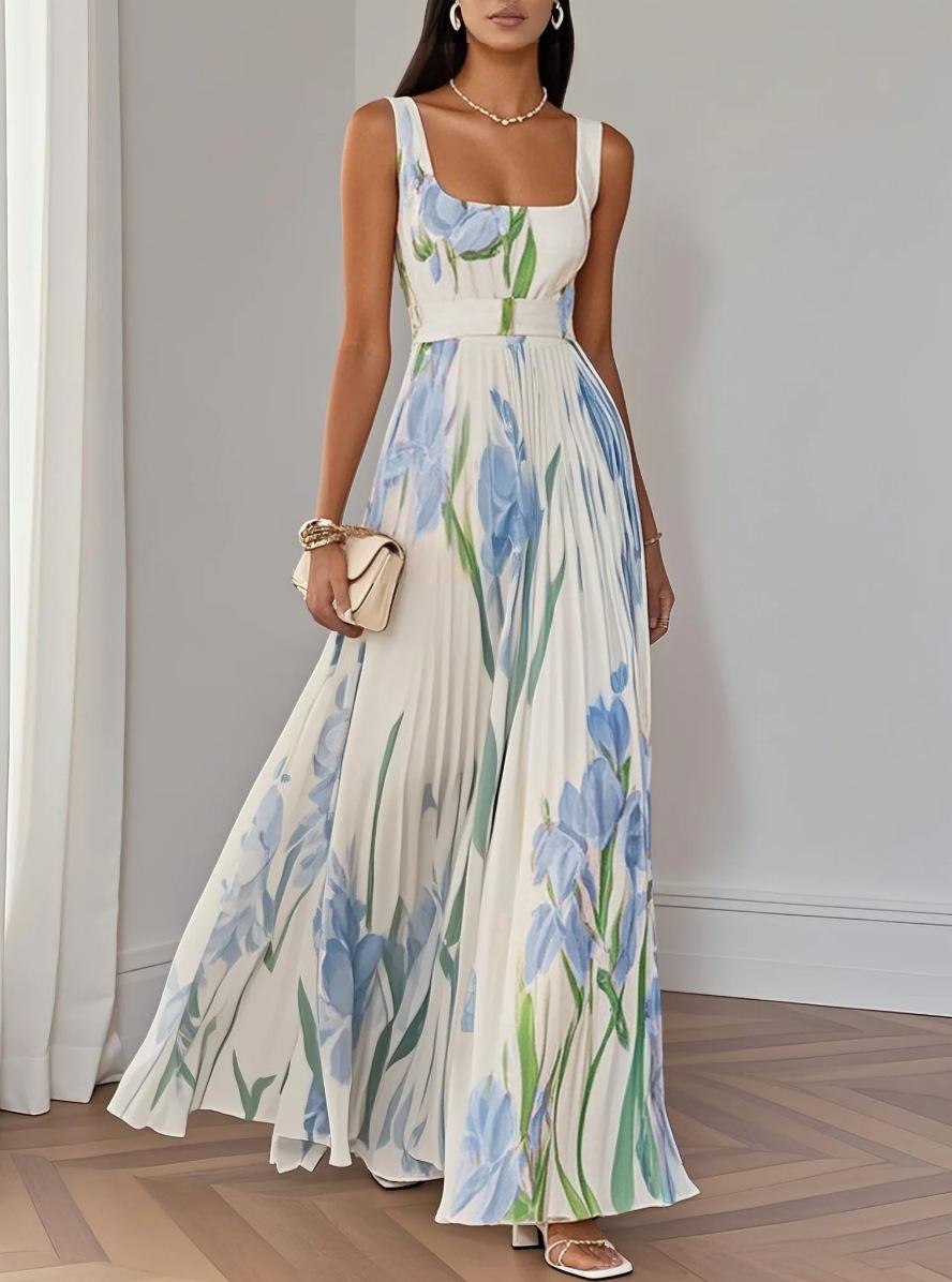 Women s clothing, suspender digital printing pleated, floral dress dress seaside vacation dress S