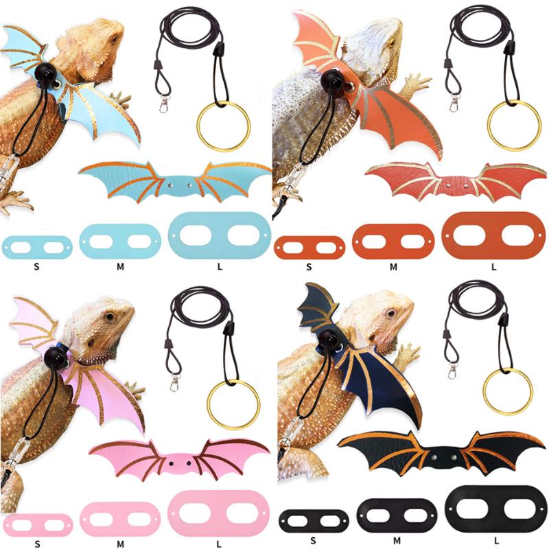 2024 New 3 Pcs Adjustable Bearded Dragon Leash With Bat Wings Soft Leather Lizard Harness For Amphibians And Other Small Reptile