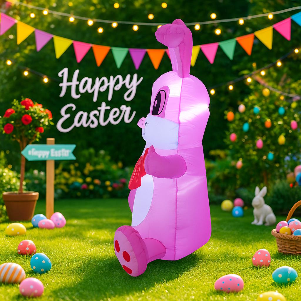 1.5M/4.9FT Easter DIY Inflatable Toy Rabbit Pulling Banner with LED Lights Outdoor Garden Yard Holiday Festival Decoration