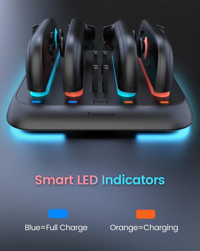 For TRANSNOVO Switch 2 Charging Stand for Nintendo Switch Fast Charger with Adjustable Slim Controller Holds 4 Game Features 9 RGB LED for Home and