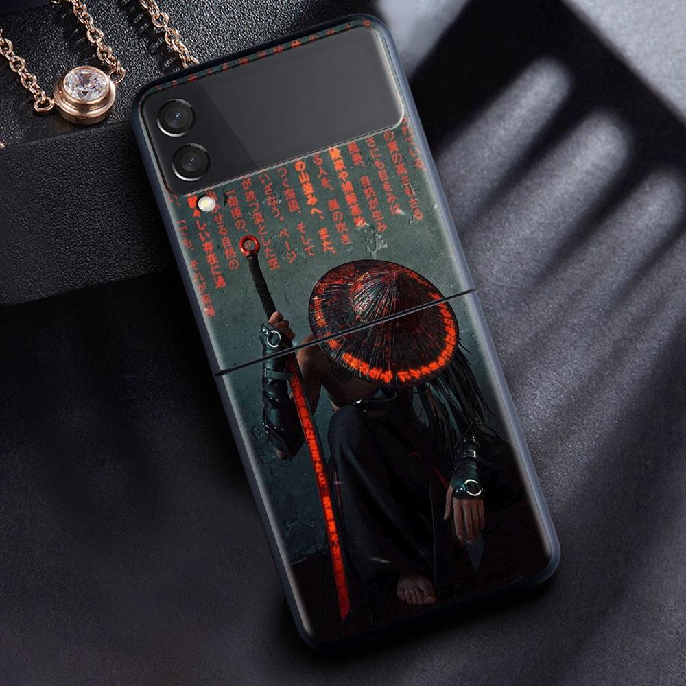Case For Samsung Galaxy Z Flip 3 4 5G Black Hard PC Phone Housing Z Flip4 Segmented Cover Landscape Ink Painting Japan Samurai
