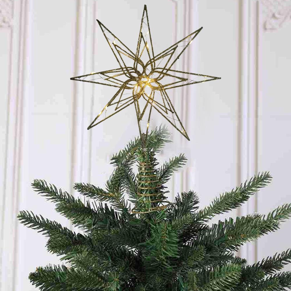 20-Lights Christmas Star Tree Topper Multi-Pointed Pre-lit Glittered Snowflake Treetop Lighted Xmas Treetop for Home Decorations