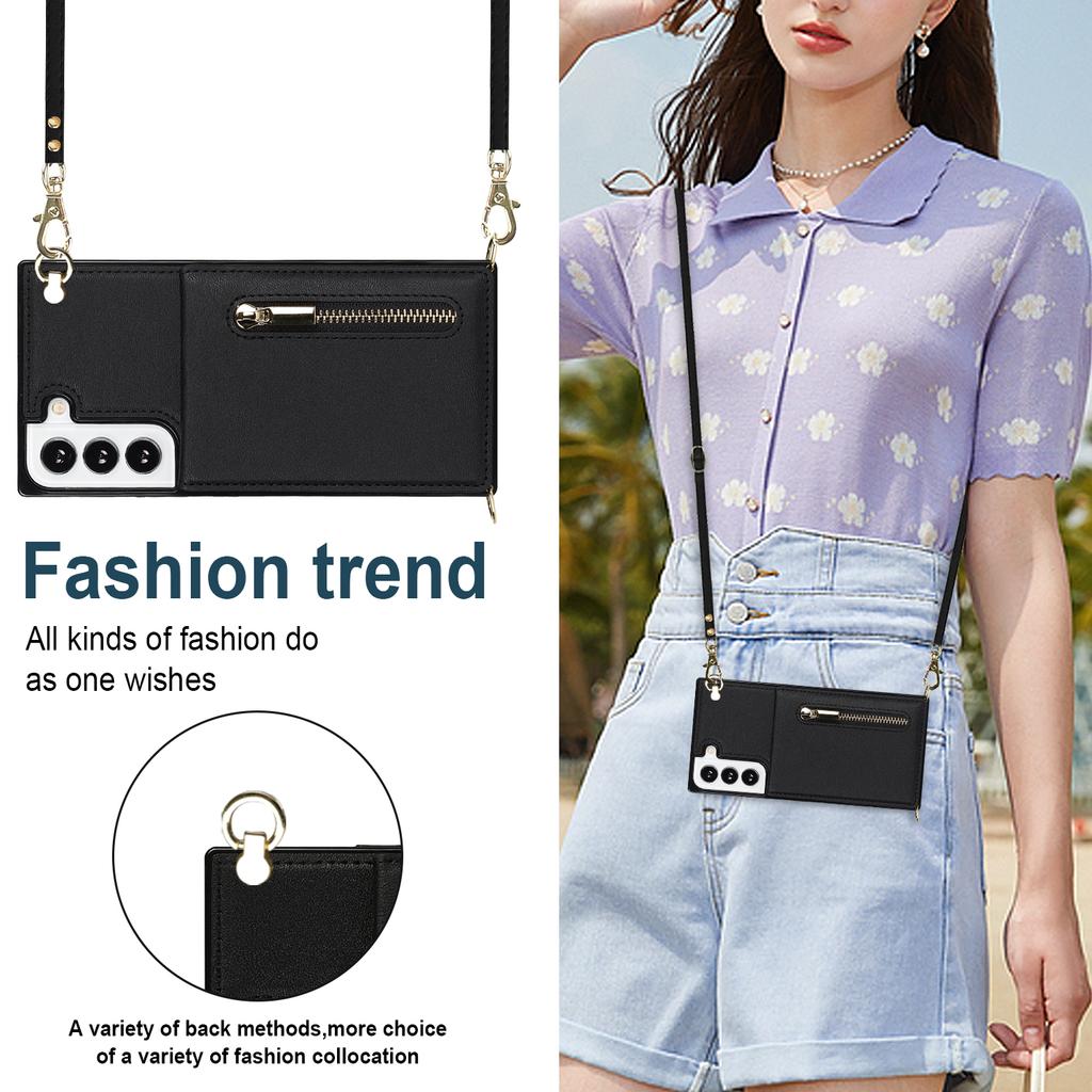 Lanyard Cards Solt Cover Zipper Wallet CrossBody Case For Samsung Galaxy S24 Ultra S22 S21 Note20 S20 S10 S23 Plus Stand Cover