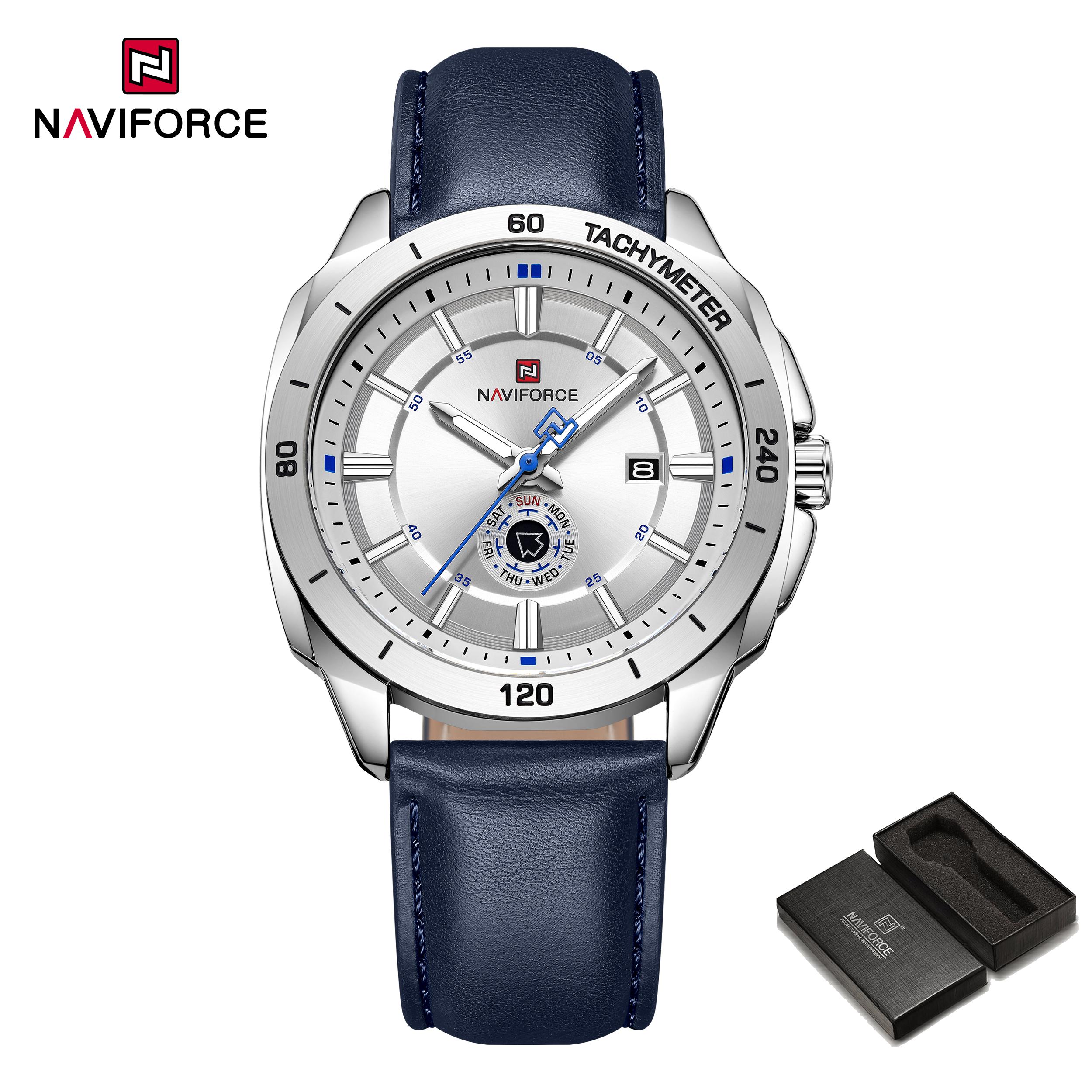 

Оригинальные мужские деловые часы NAVIFORCE Кожаный ремешок Водонепроницаемость 30 м Кварцевый механизм Календарь Светящиеся стрелки Круглый корпус Мужские часы NF9269 синий/белый