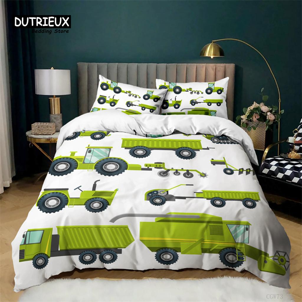 Boys Cartoon Car Duvet Cover Twin King Kids Construction Vehicles Bedding Set Microfiber Cartoon Machinery Truck Comforter Cover
