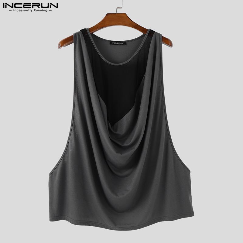 INCERUN Men Low Cut Swing Collar Sleeveless Mesh Patchwork Long Tank Tops Pajamas