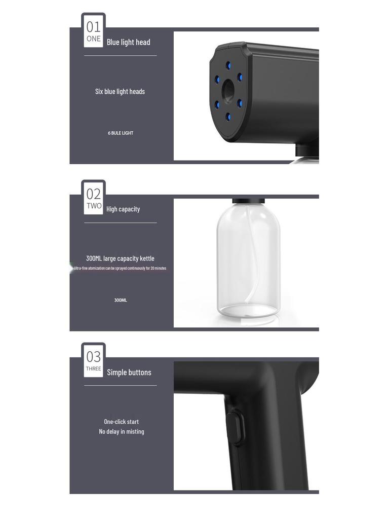 Wiederaufladbare kabellose Nano-Zerstäubungs-Desinfektionssprühpistole mit Blaulicht